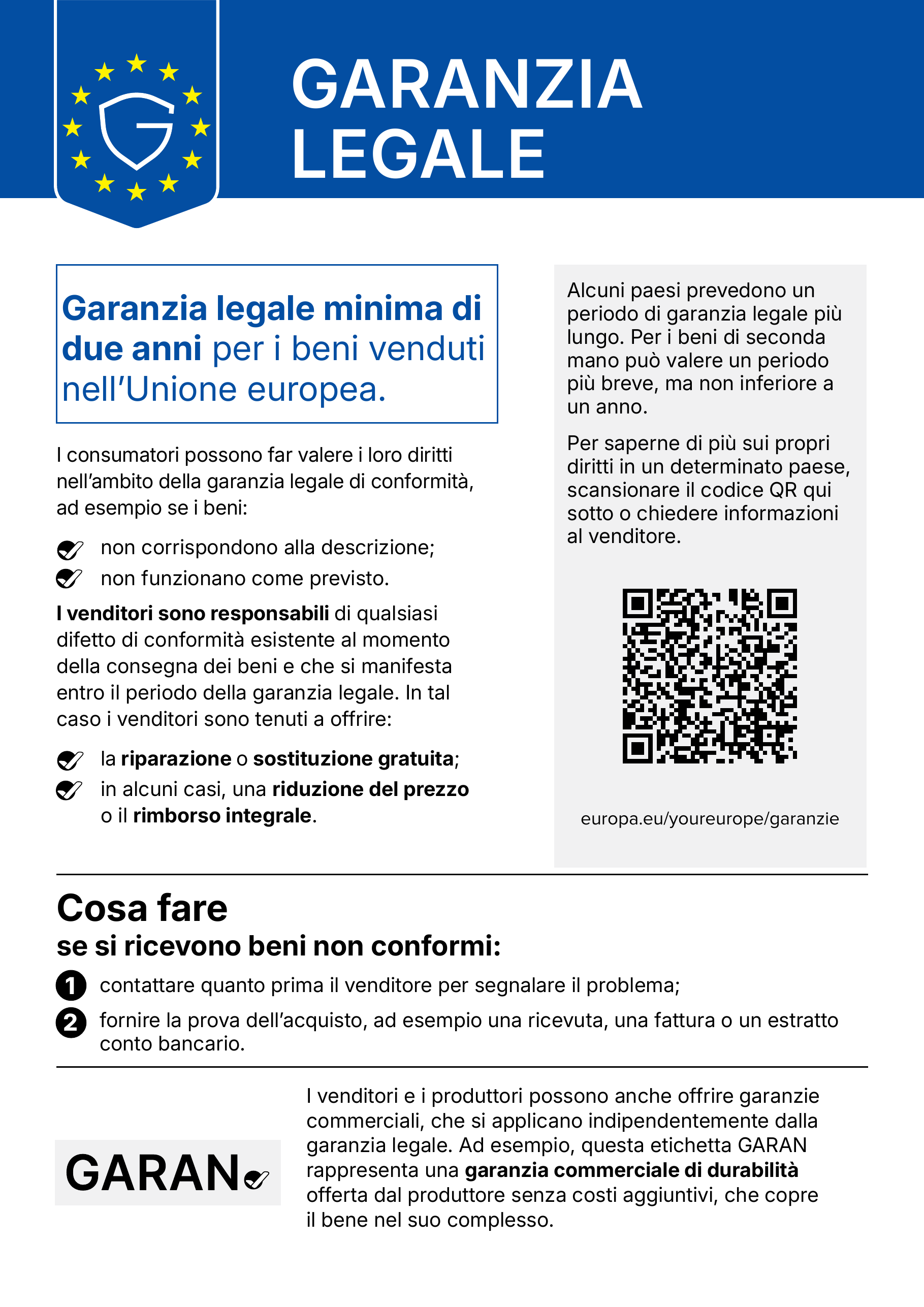 Avviso armonizzato dell'Unione europea sulla garanzia legale: garanzia minima di due anni per i beni venduti nell'UE.